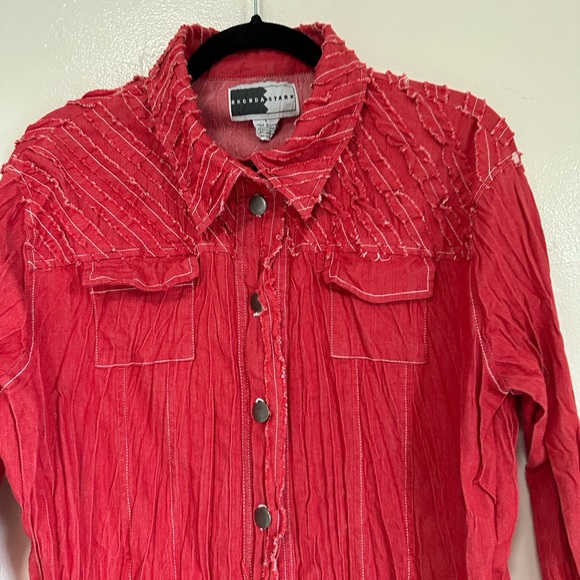 Vintage Rhonda Stark Red Crinkle Lightweight Shirt Jacket,  Raw Edge Detail, Lg - Picture 2 of 8